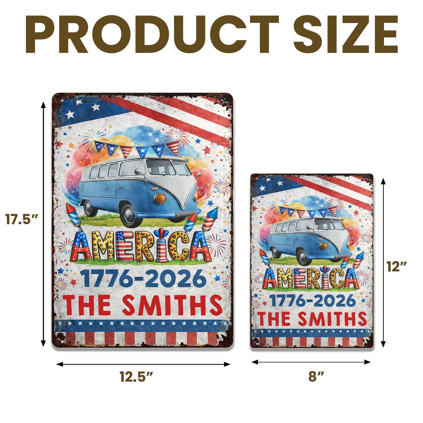 America Vintage Van With Fireworks And American Flag Custom Family Name - Personalized Metal Sign - INDE018_MSIGN