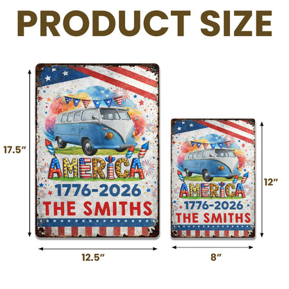 America Vintage Van With Fireworks And American Flag Custom Family Name - Personalized Metal Sign - INDE018_MSIGN
