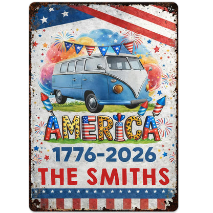 America Vintage Van With Fireworks And American Flag Custom Family Name - Personalized Metal Sign - INDE018_MSIGN