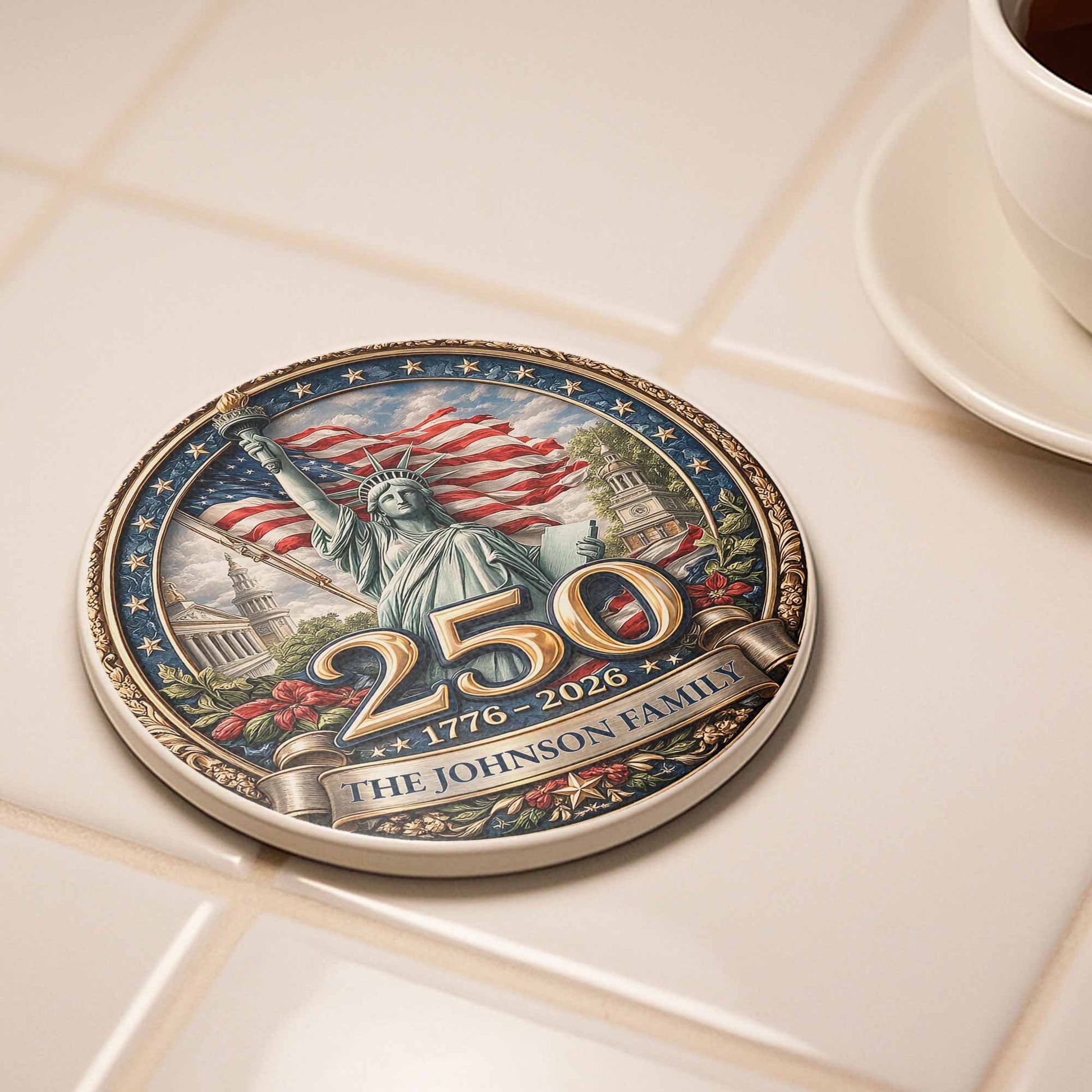 The Family Statue Of Liberty With American Flag And Stars