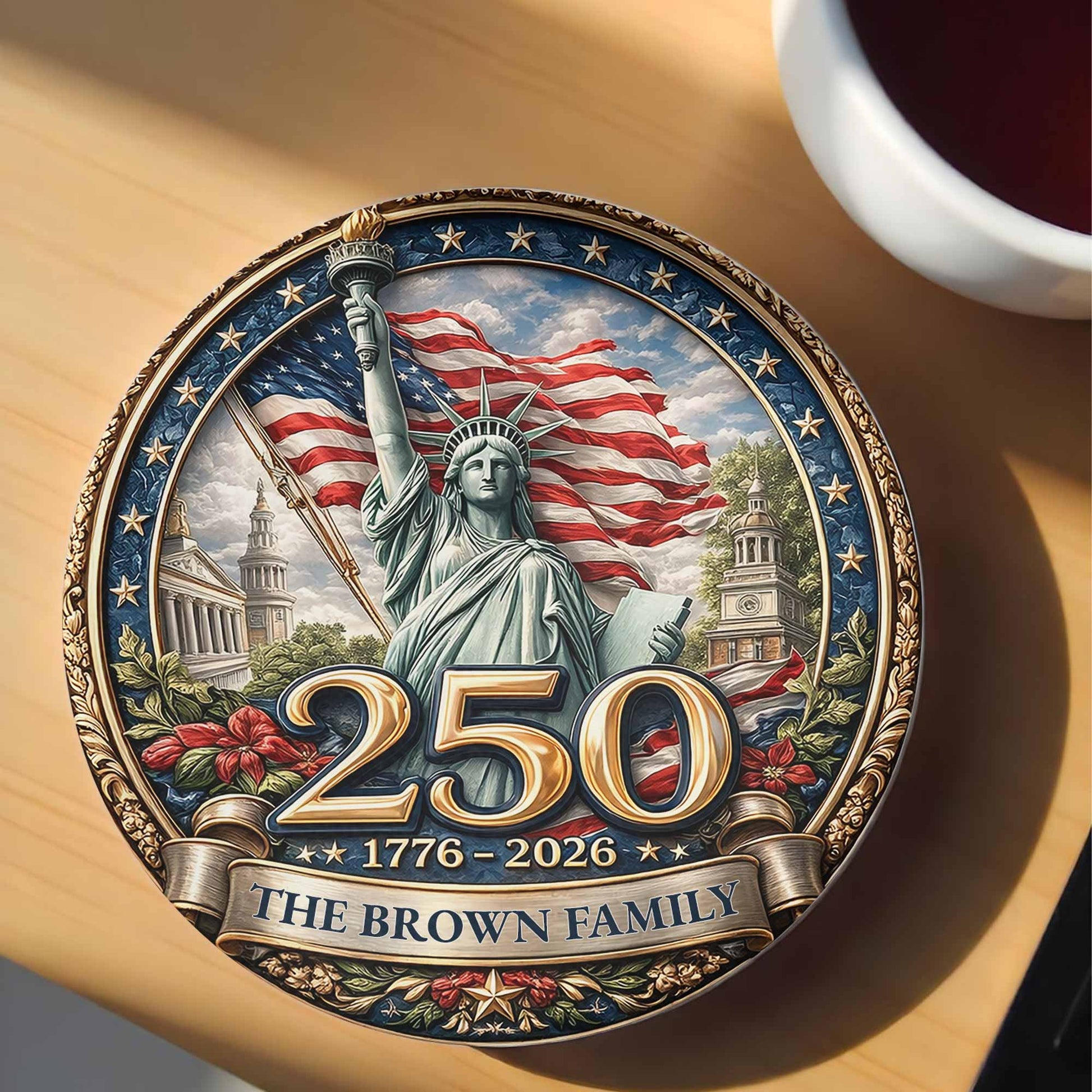 The Family Statue Of Liberty With American Flag And Stars