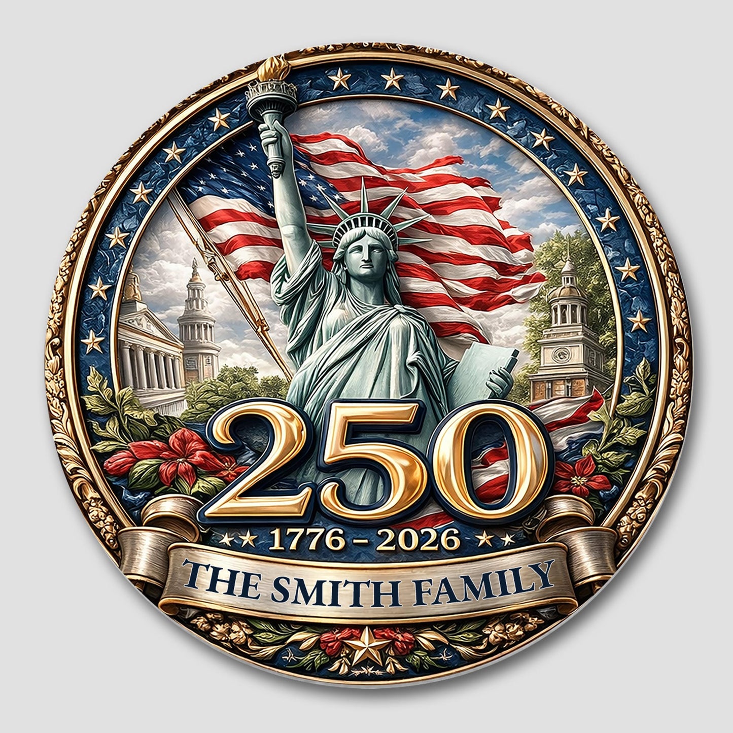 The Family Statue Of Liberty With American Flag And Stars