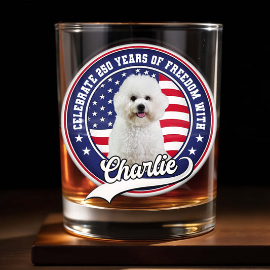 Celebrate Freedom, Customized Whiskey Glass With Dog And Flag