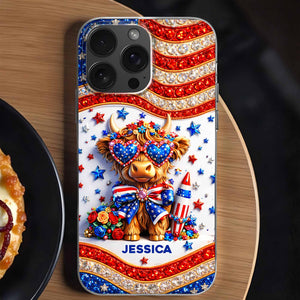 Personalized Stars And Stripes Highland Cow Phone Case