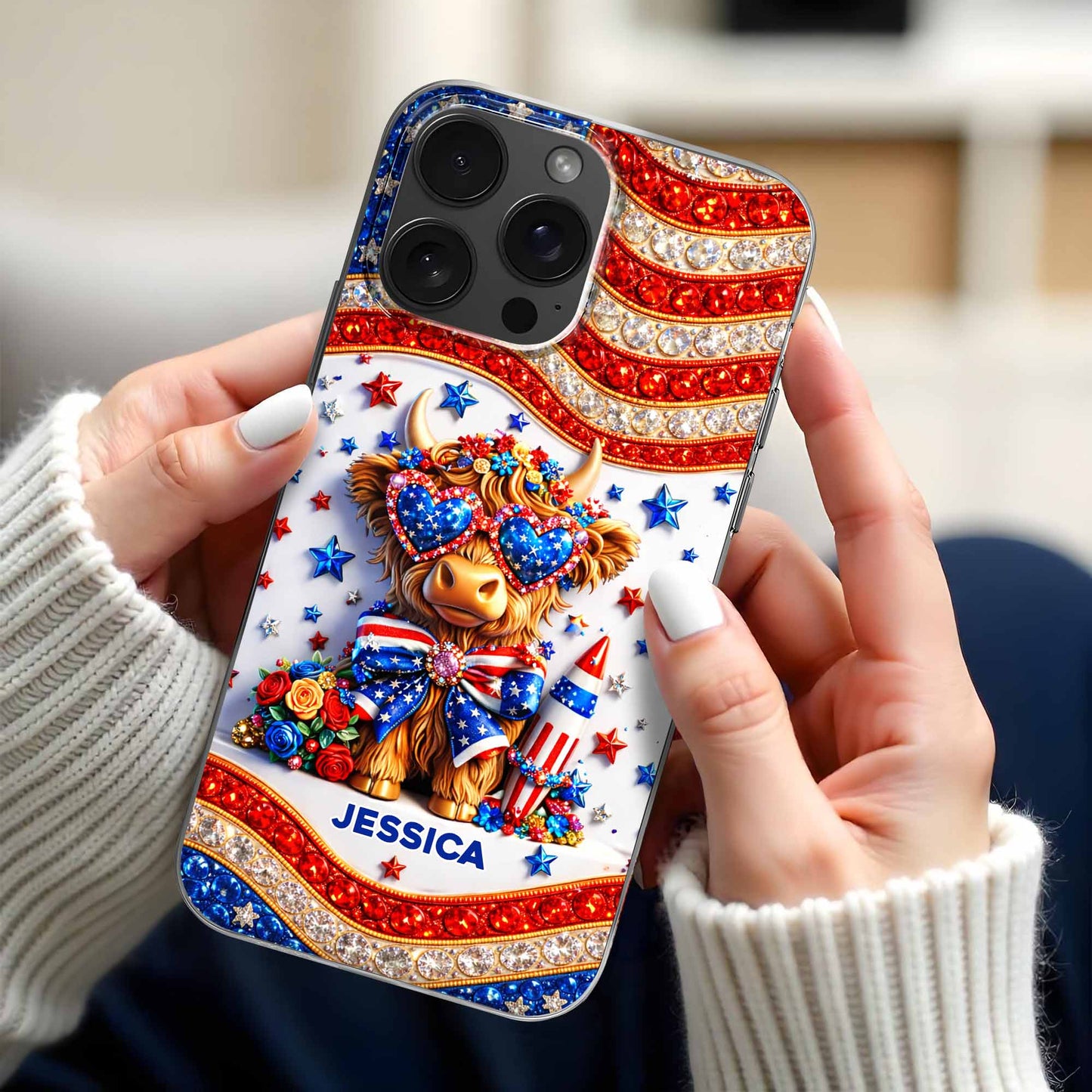 Personalized Stars And Stripes Highland Cow Phone Case