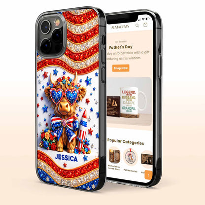 Personalized Stars And Stripes Highland Cow Phone Case