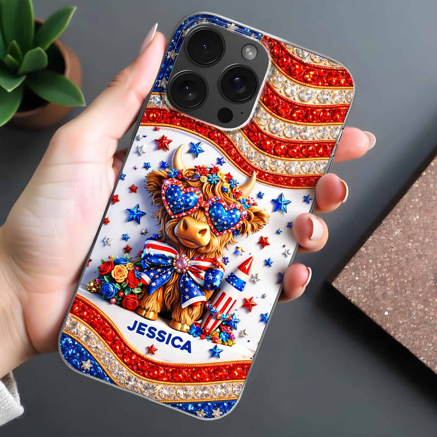 Personalized Stars And Stripes Highland Cow Phone Case