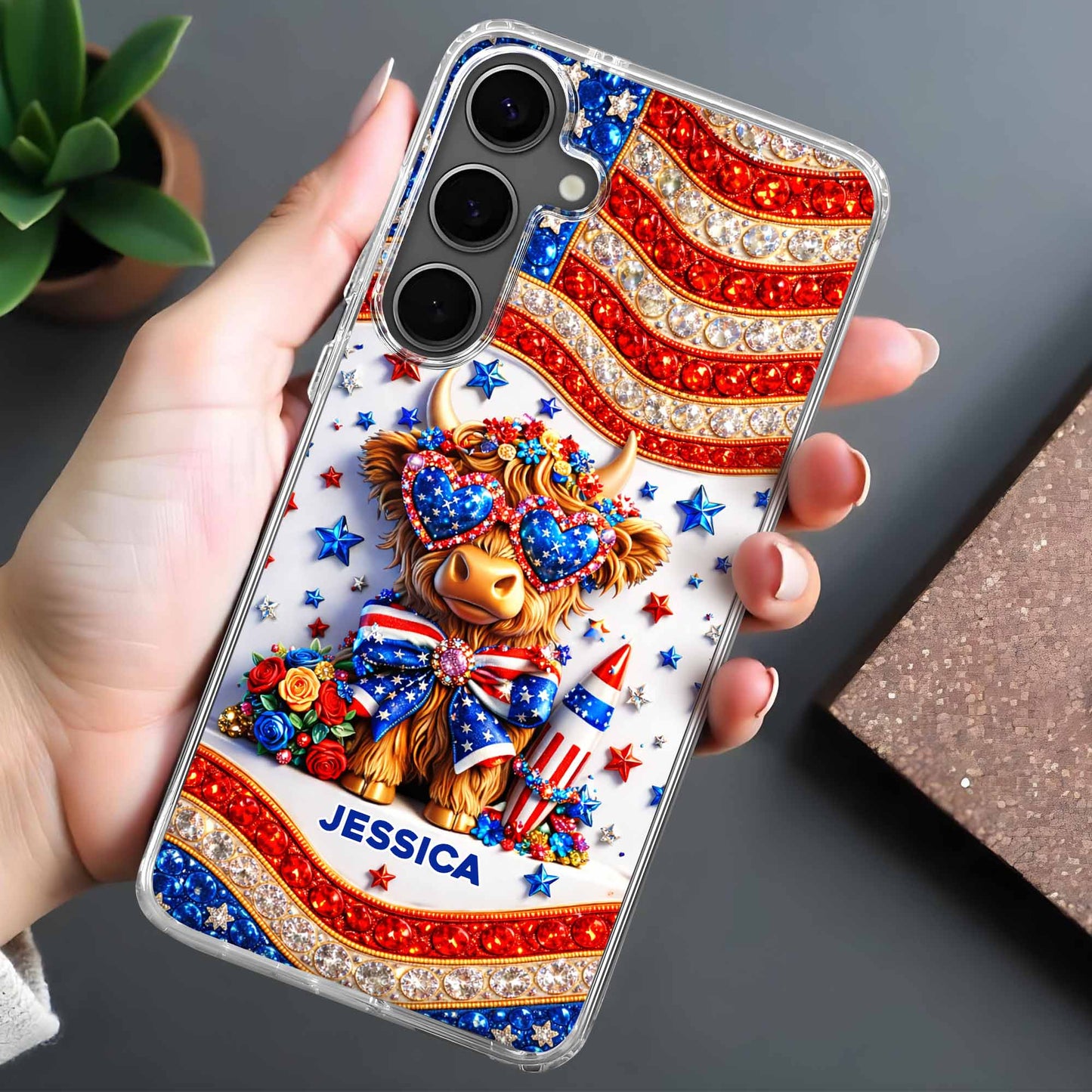 Personalized Stars And Stripes Highland Cow Phone Case