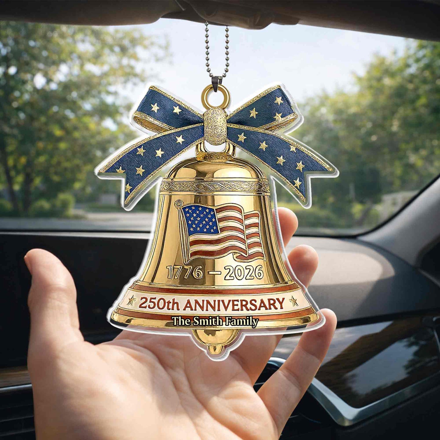 Anniversary Our Family Golden Bell With American Flag And Stars