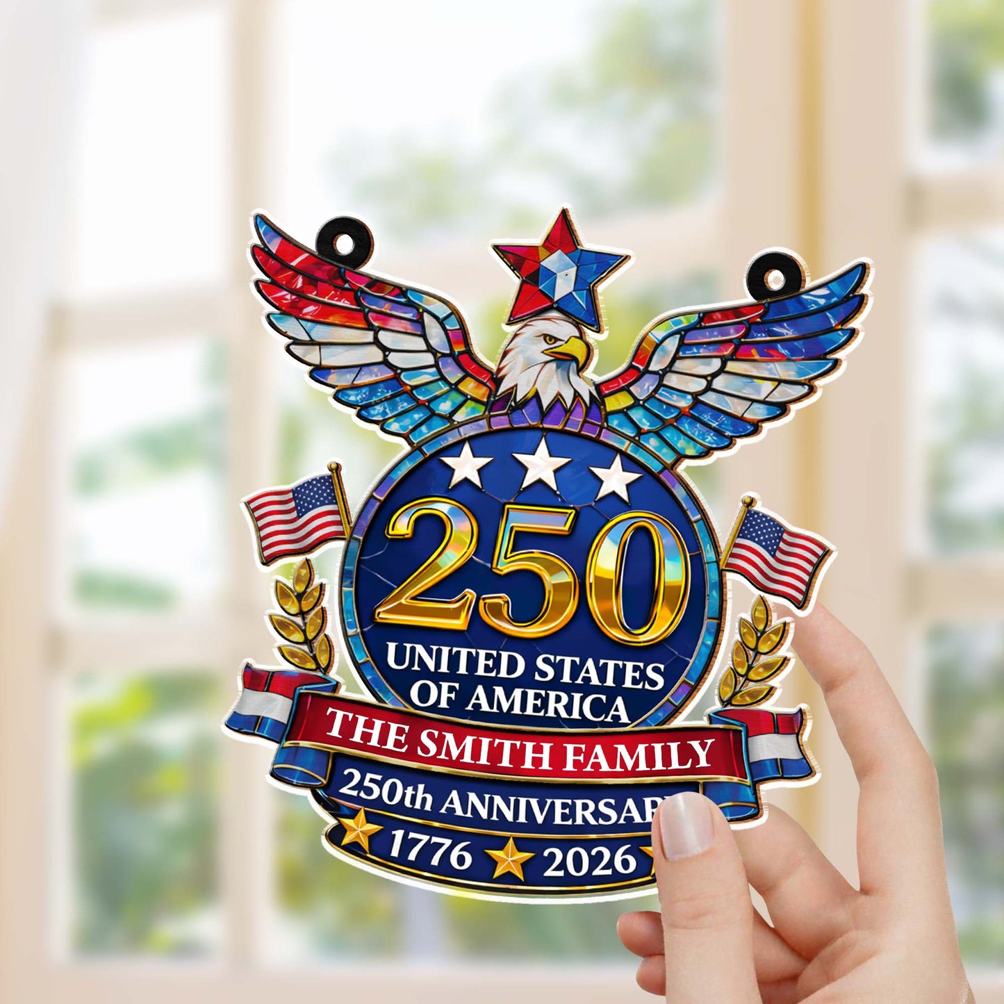 United States Of America Anniversary Eagle And American Flag - Personalized Custom Suncatcher - INDE099_CSUN