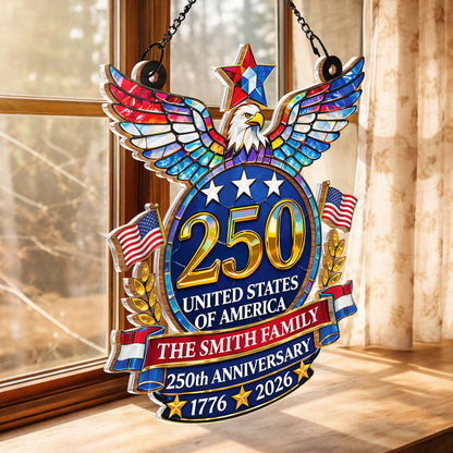 United States Of America Anniversary Eagle And American Flag - Personalized Custom Suncatcher - INDE099_CSUN