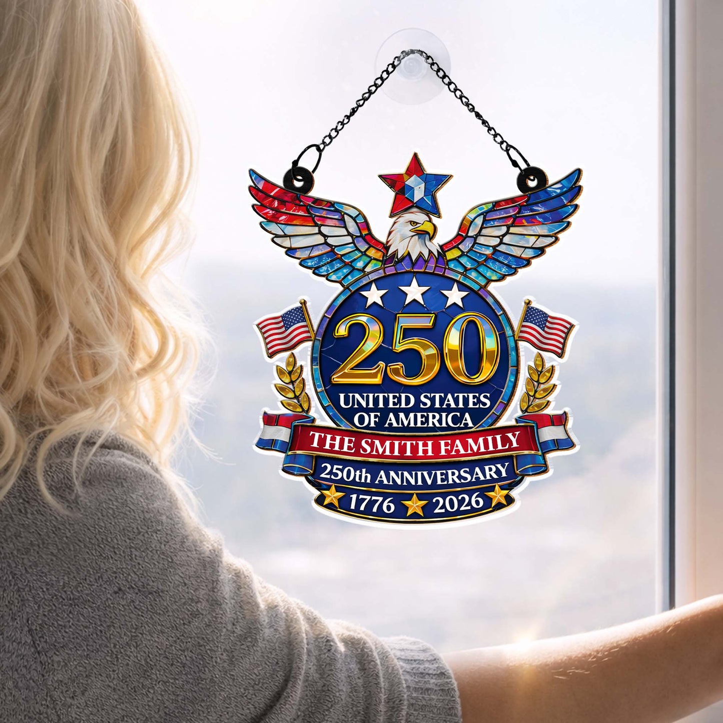 United States Of America Anniversary Eagle And American Flag - Personalized Custom Suncatcher - INDE099_CSUN