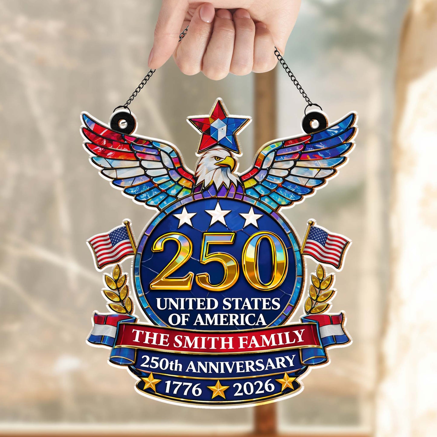 United States Of America Anniversary Eagle And American Flag - Personalized Custom Suncatcher - INDE099_CSUN