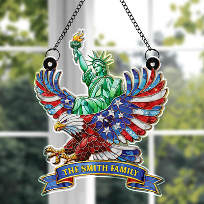 Our Family Statue Of Liberty And Patriotic Eagle With Flag Wings - Personalized Custom Suncatcher - INDE112_CSUN