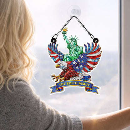 Our Family Statue Of Liberty And Patriotic Eagle With Flag Wings - Personalized Custom Suncatcher - INDE112_CSUN