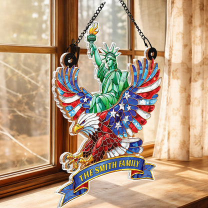 Our Family Statue Of Liberty And Patriotic Eagle With Flag Wings - Personalized Custom Suncatcher - INDE112_CSUN
