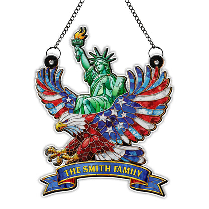 Our Family Statue Of Liberty And Patriotic Eagle With Flag Wings - Personalized Custom Suncatcher - INDE112_CSUN