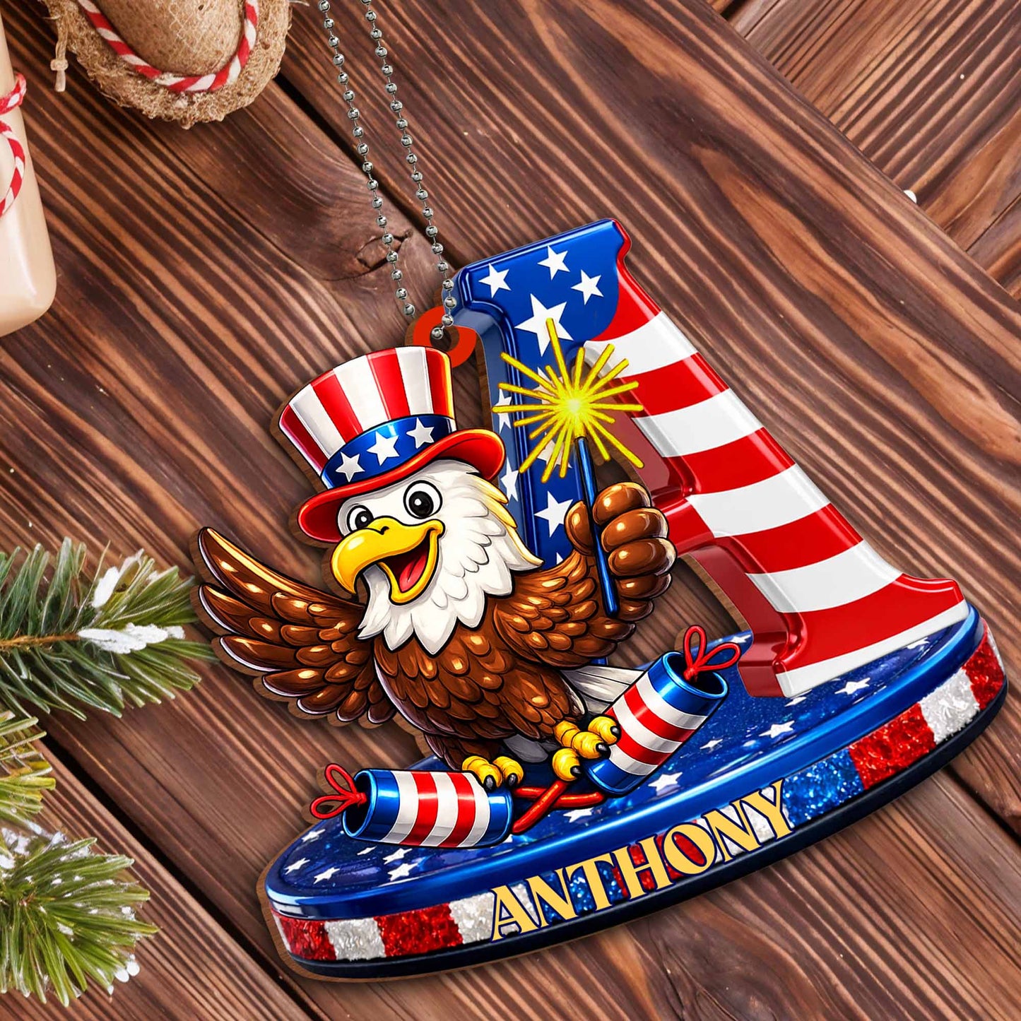 Celebrate Freedom Patriotic Bald Eagle and American Flag Initial - Personalized Custom Wood Ornament, Car Hanging Ornament - INDE136_WCA