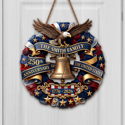 Our Family United States Anniversary Eagle And Liberty Bell Wreath - Personalized Custom Shaped Wood Sign - INDE141_WSIGN