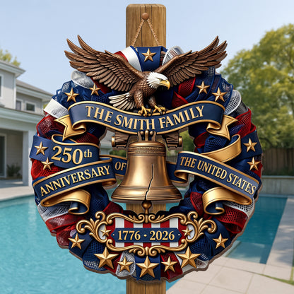 Our Family United States Anniversary Eagle And Liberty Bell Wreath - Personalized Custom Shaped Wood Sign - INDE141_WSIGN