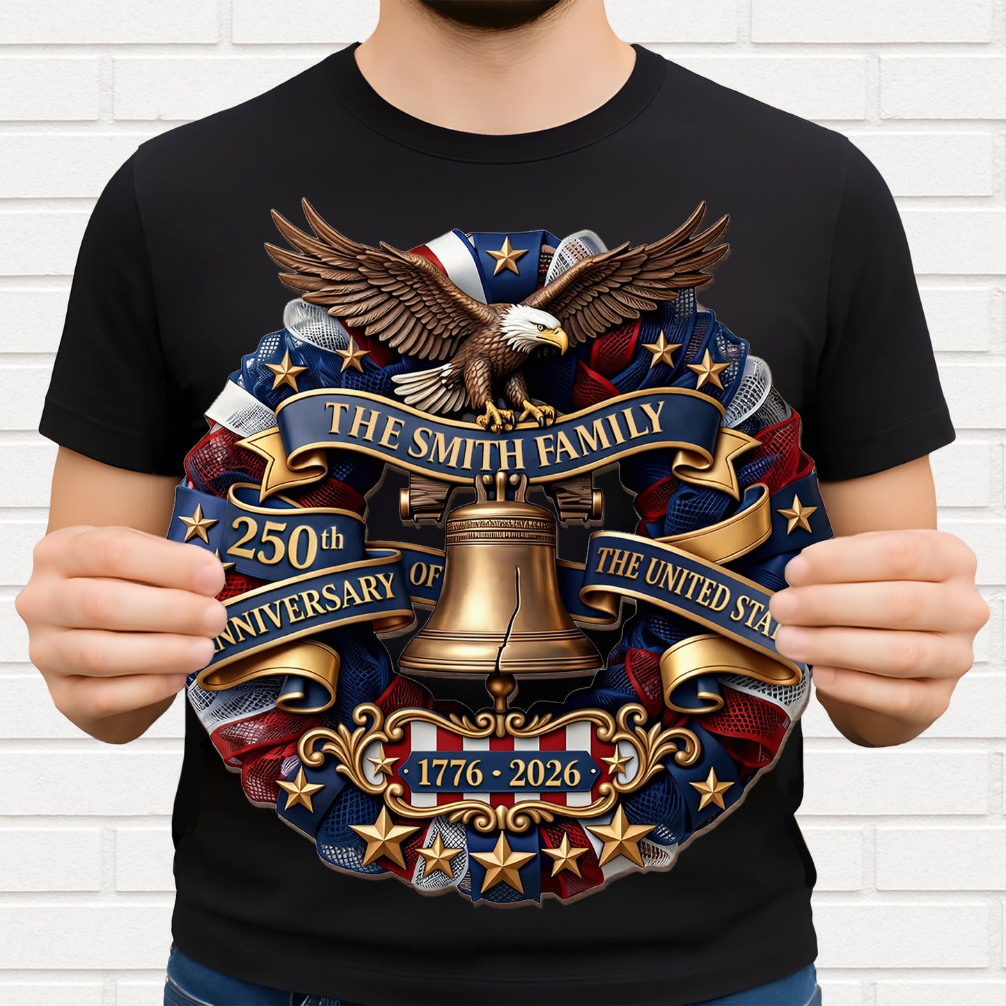 Our Family United States Anniversary Eagle And Liberty Bell Wreath - Personalized Custom Shaped Wood Sign - INDE141_WSIGN
