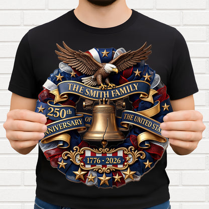 Our Family United States Anniversary Eagle And Liberty Bell Wreath - Personalized Custom Shaped Wood Sign - INDE141_WSIGN