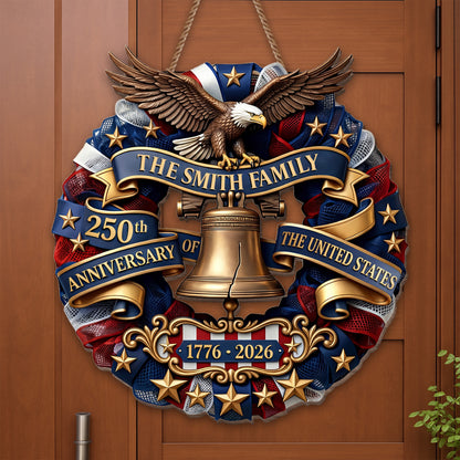 Our Family United States Anniversary Eagle And Liberty Bell Wreath - Personalized Custom Shaped Wood Sign - INDE141_WSIGN