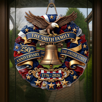 Our Family United States Anniversary Eagle And Liberty Bell Wreath - Personalized Custom Shaped Wood Sign - INDE141_WSIGN