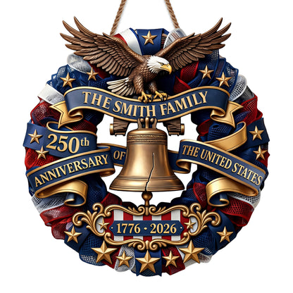 Our Family United States Anniversary Eagle And Liberty Bell Wreath - Personalized Custom Shaped Wood Sign - INDE141_WSIGN