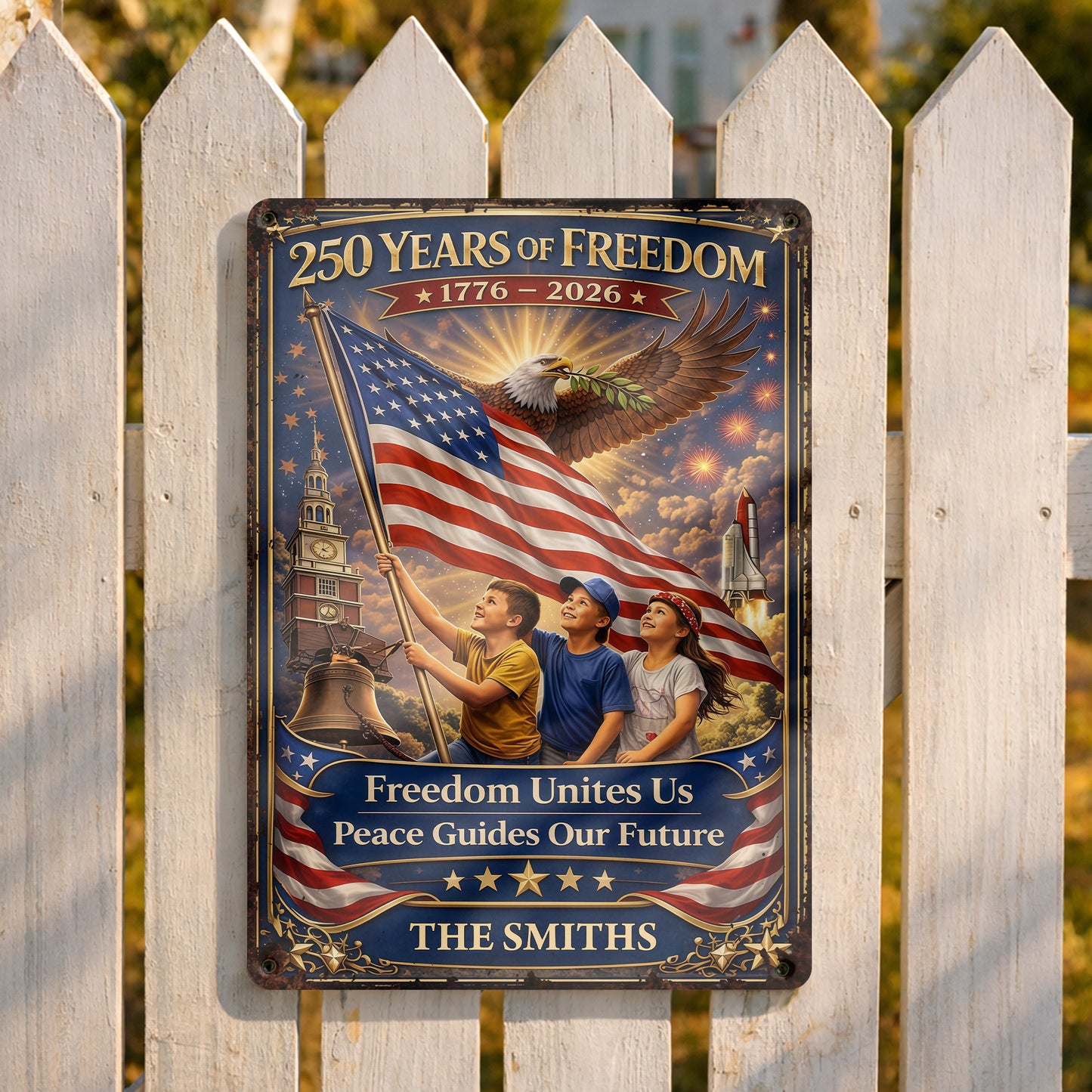 250 Years Of Freedom Unites Us With Eagle And American Flag - Personalized Metal Sign - INDE146_MSIGN