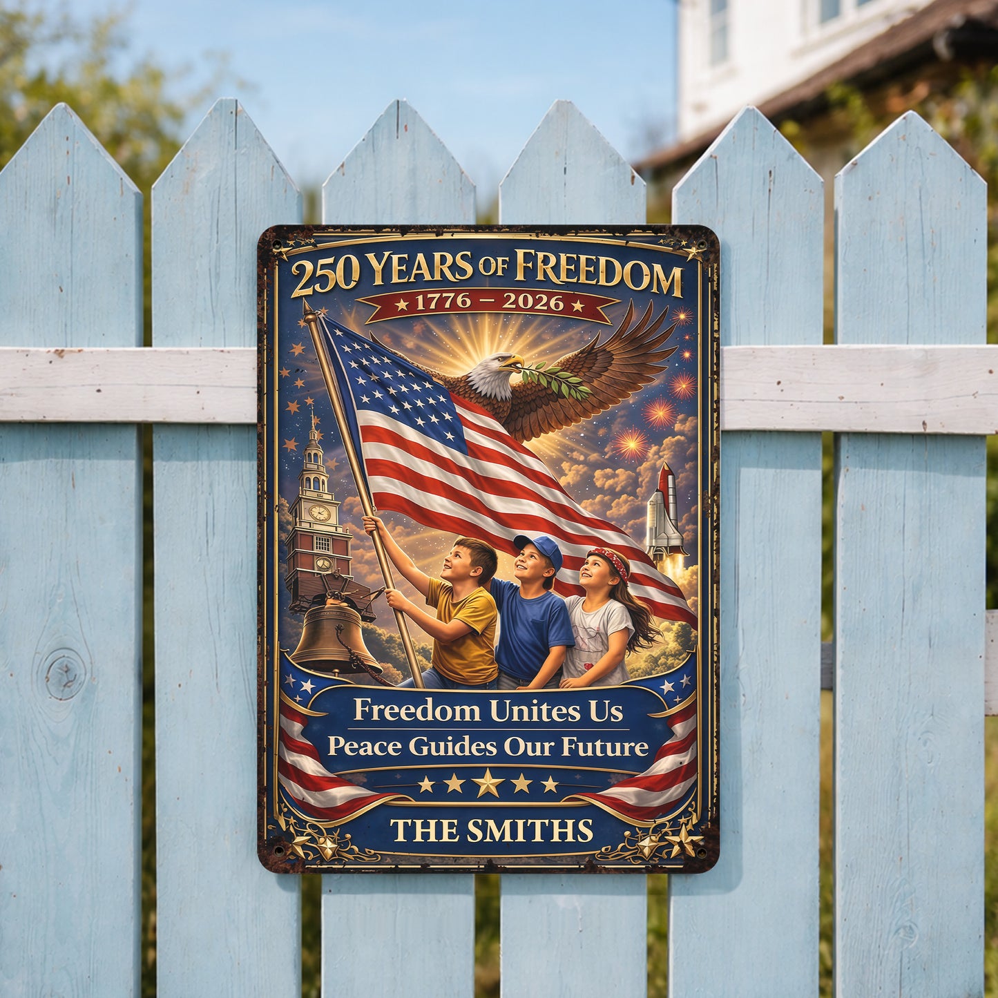 250 Years Of Freedom Unites Us With Eagle And American Flag - Personalized Metal Sign - INDE146_MSIGN