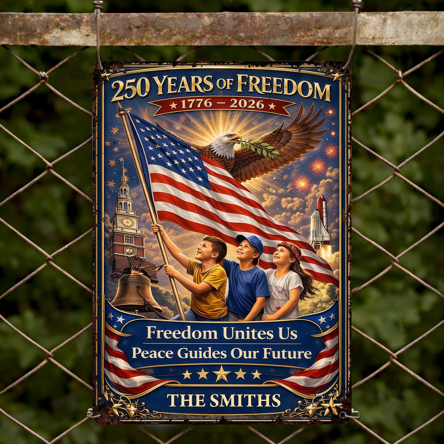 250 Years Of Freedom Unites Us With Eagle And American Flag - Personalized Metal Sign - INDE146_MSIGN