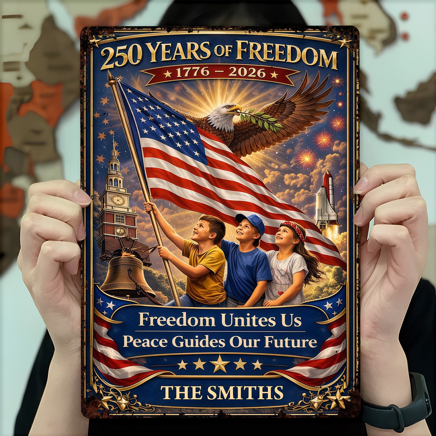 250 Years Of Freedom Unites Us With Eagle And American Flag - Personalized Metal Sign - INDE146_MSIGN