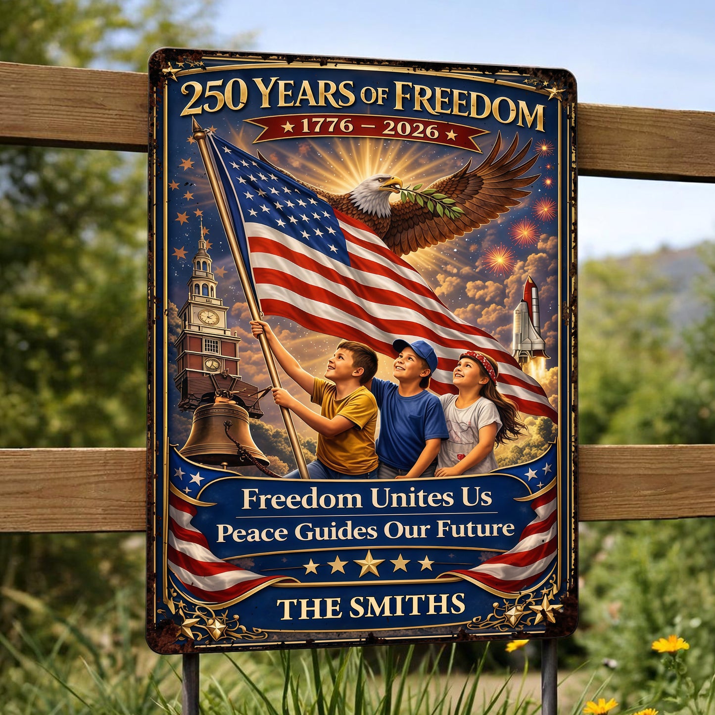 250 Years Of Freedom Unites Us With Eagle And American Flag - Personalized Metal Sign - INDE146_MSIGN