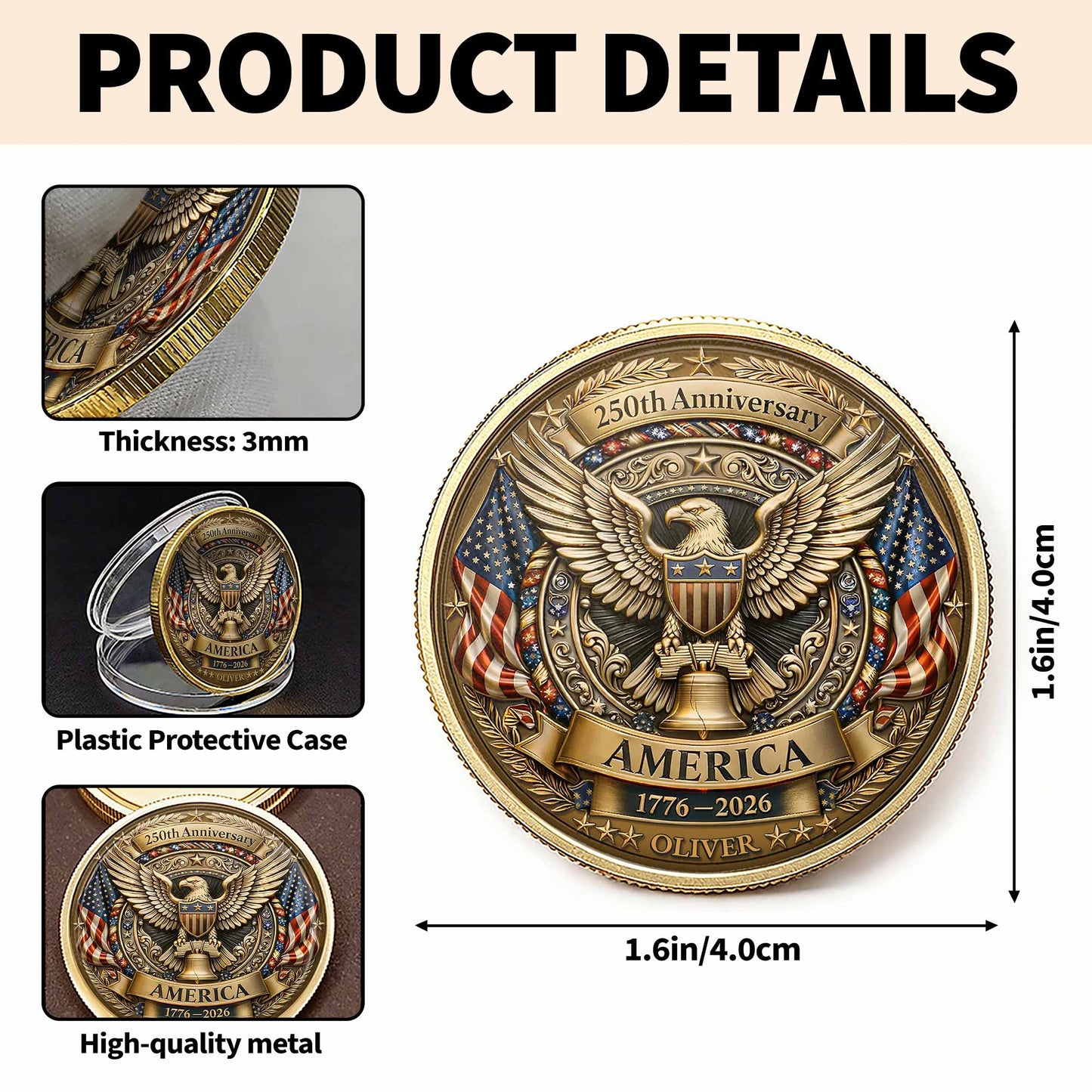 250th Anniversary America Eagle And Liberty Bell Patriotic Design - Custom Commemorative Coin - INDE158_KCOIN
