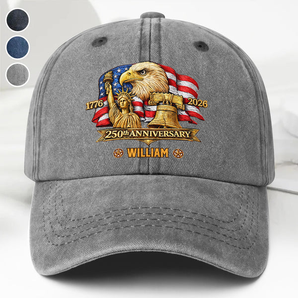 250th Anniversary Bald Eagle Statue Of Liberty And Flag Patriotic Design - Personalized Custom Washed Denim Cap - INDE185_WDCAP