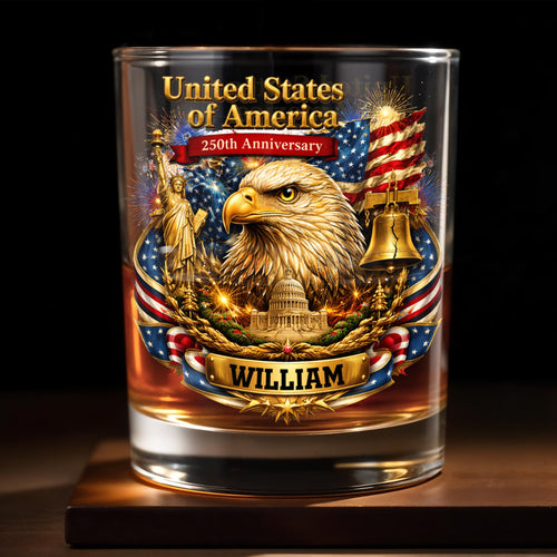 United States Of America Anniversary Eagle Flag And Liberty Bell - Personalized Custom Whiskey Glass - INDE188_RWG