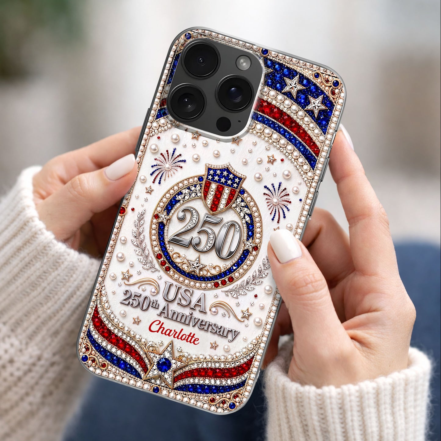 USA Anniversary Stars And 3D Rhinestone Pearls - Personalized Clear Phone Case - INDE288_PHC