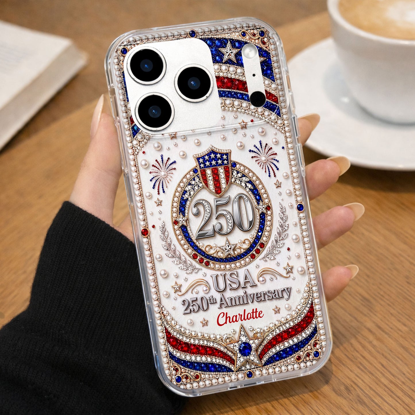 USA Anniversary Stars And 3D Rhinestone Pearls - Personalized Clear Phone Case - INDE288_PHC