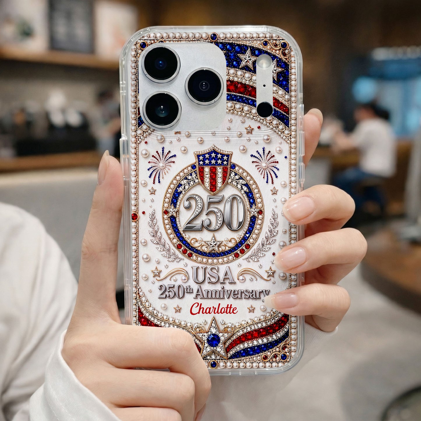 USA Anniversary Stars And 3D Rhinestone Pearls - Personalized Clear Phone Case - INDE288_PHC