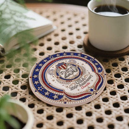 USA 250th Anniversary Patriotic Stars And 3D Rhinestone Shield - Personalized Custom Ceramic Coaster - INDE288_ROCO