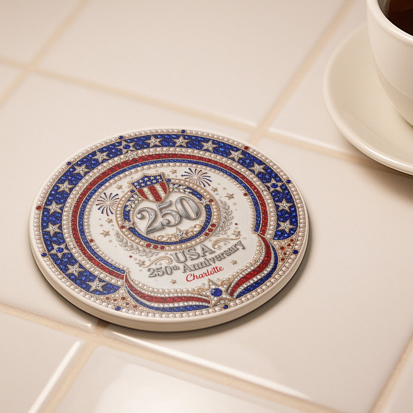 USA 250th Anniversary Patriotic Stars And 3D Rhinestone Shield - Personalized Custom Ceramic Coaster - INDE288_ROCO