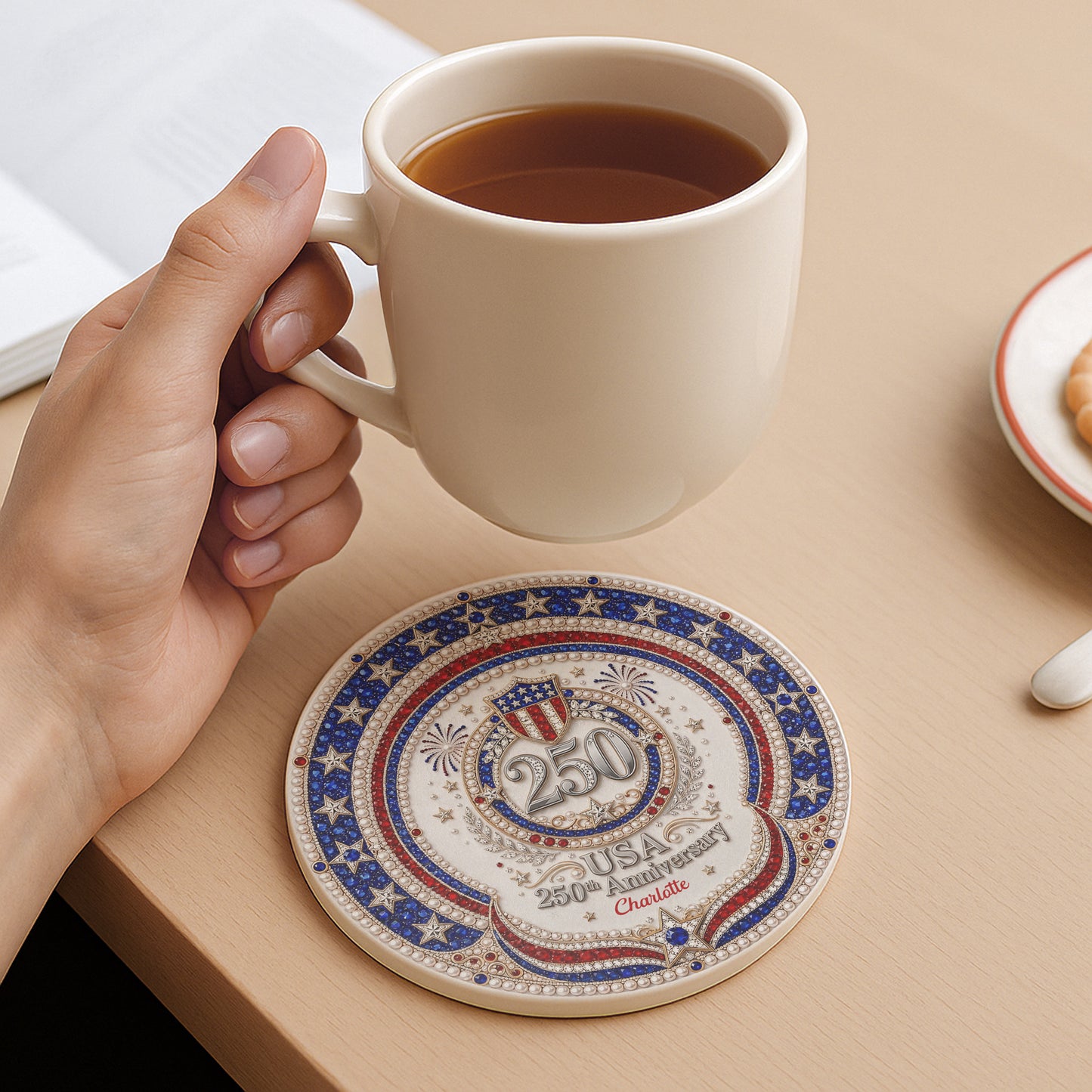 USA 250th Anniversary Patriotic Stars And 3D Rhinestone Shield - Personalized Custom Ceramic Coaster - INDE288_ROCO