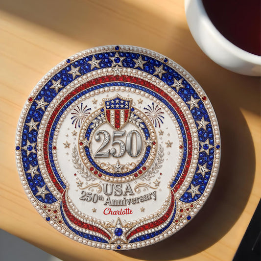 USA 250th Anniversary Patriotic Stars And 3D Rhinestone Shield - Personalized Custom Ceramic Coaster - INDE288_ROCO