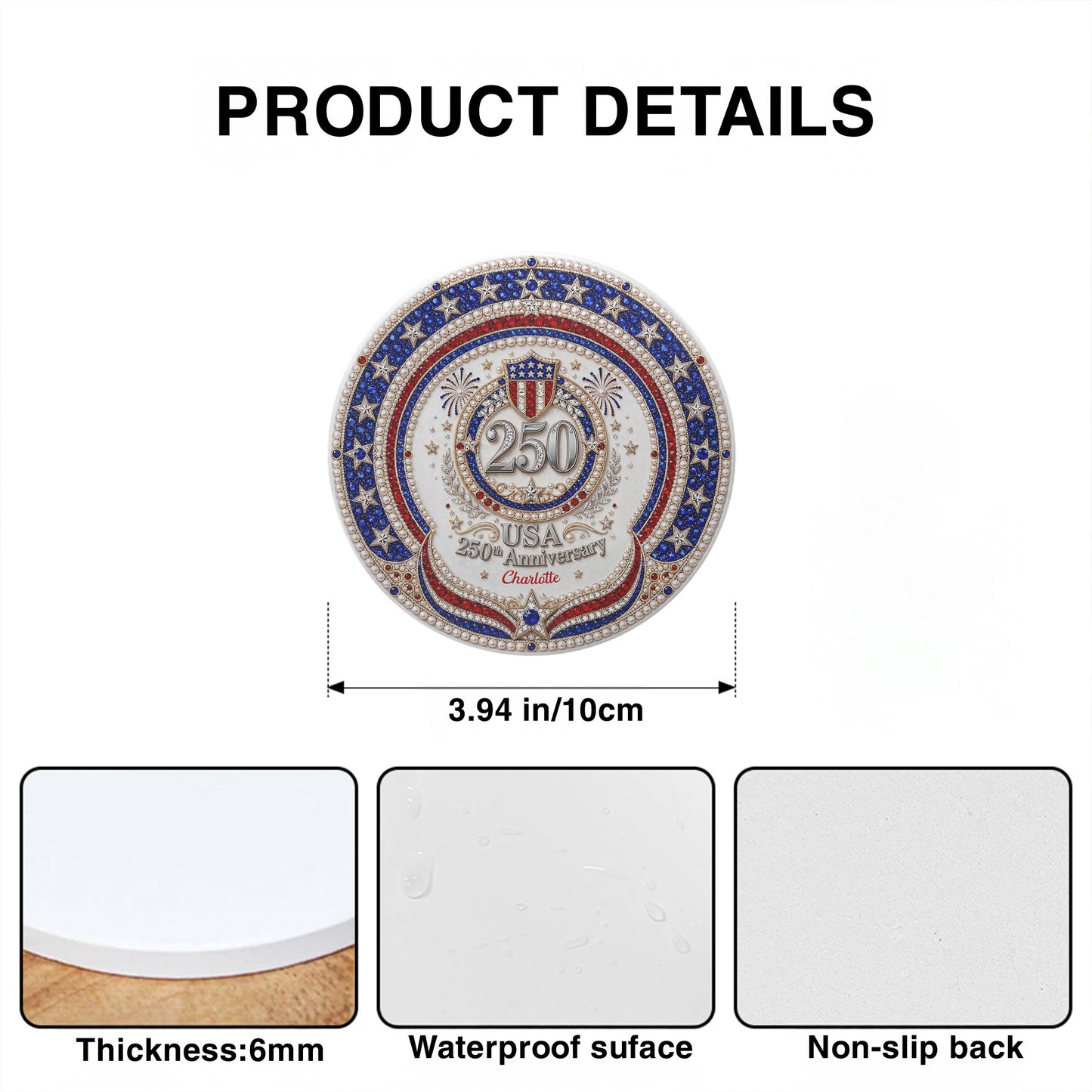 USA 250th Anniversary Patriotic Stars And 3D Rhinestone Shield - Personalized Custom Ceramic Coaster - INDE288_ROCO