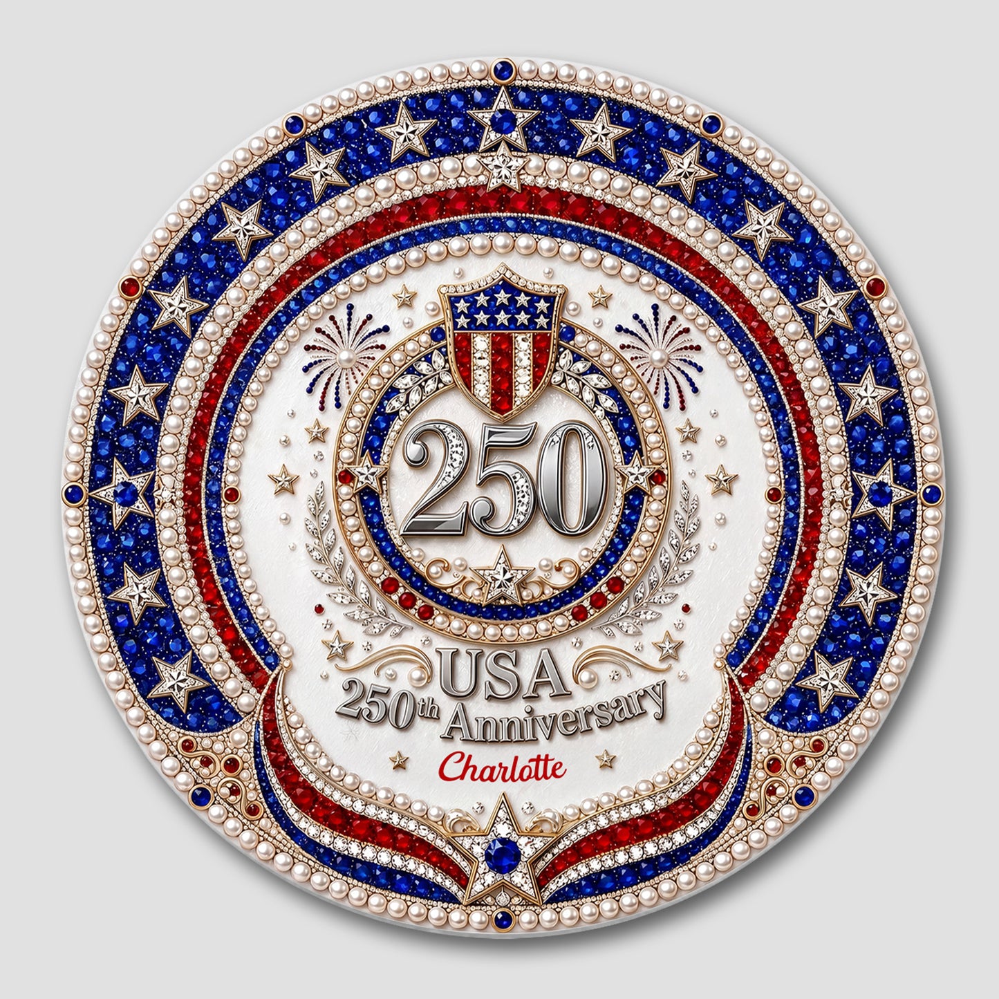 USA 250th Anniversary Patriotic Stars And 3D Rhinestone Shield - Personalized Custom Ceramic Coaster - INDE288_ROCO