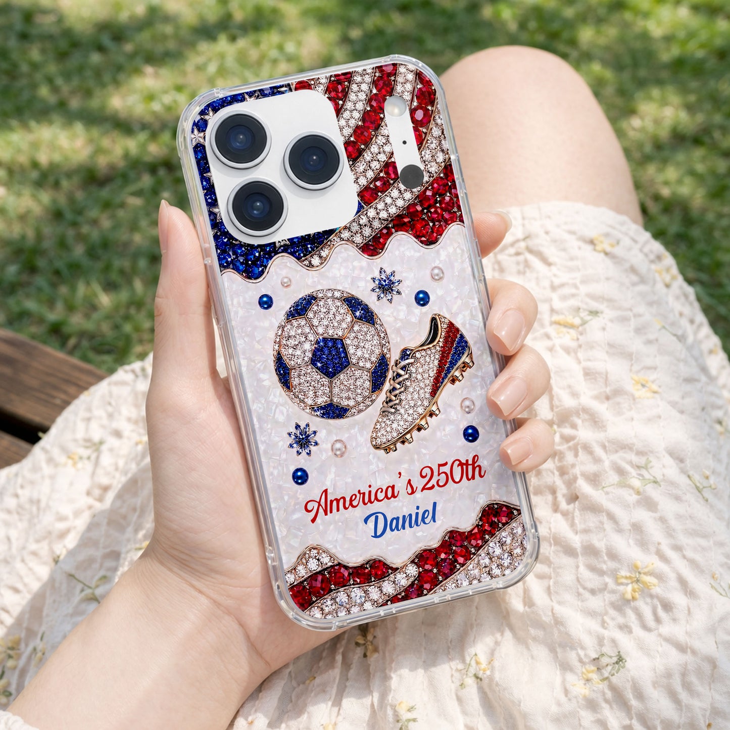 America's 250th Anniversary Soccer Ball and Cleat With USA Flag - Personalized Clear Phone Case - INDE301_PHC