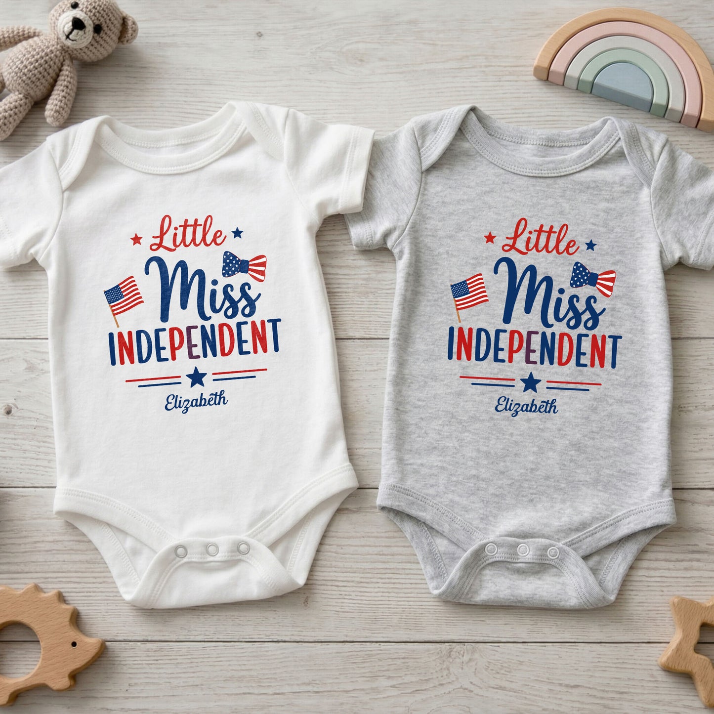 Little Miss Independent Personalized Patriotic American Flag Stars - Personalized Custom Baby Onesie - INDE311_ONES