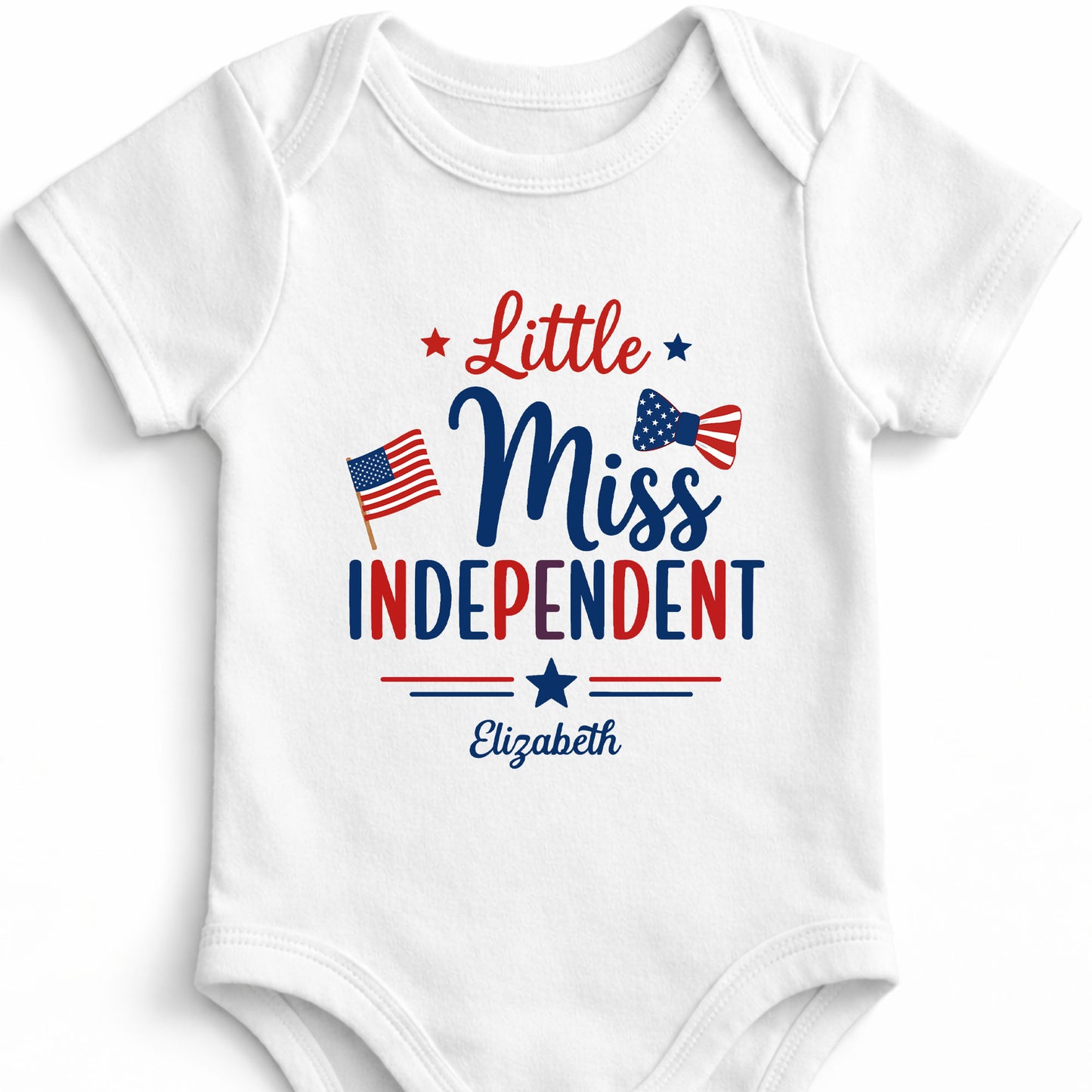 Little Miss Independent Personalized Patriotic American Flag Stars - Personalized Custom Baby Onesie - INDE311_ONES