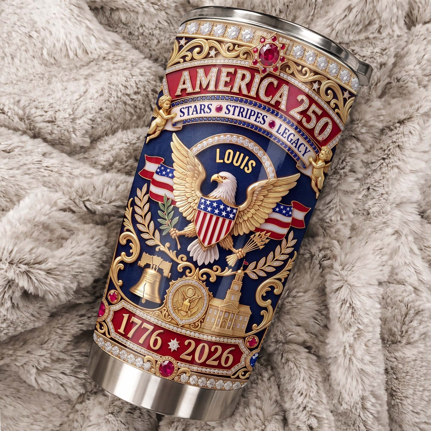 America Stars Stripes Legacy Eagle And Liberty Bell 3D Rhinestone Style - Personalized Custom Stainless Steel Tumbler 20oz - INDE370_USTUM